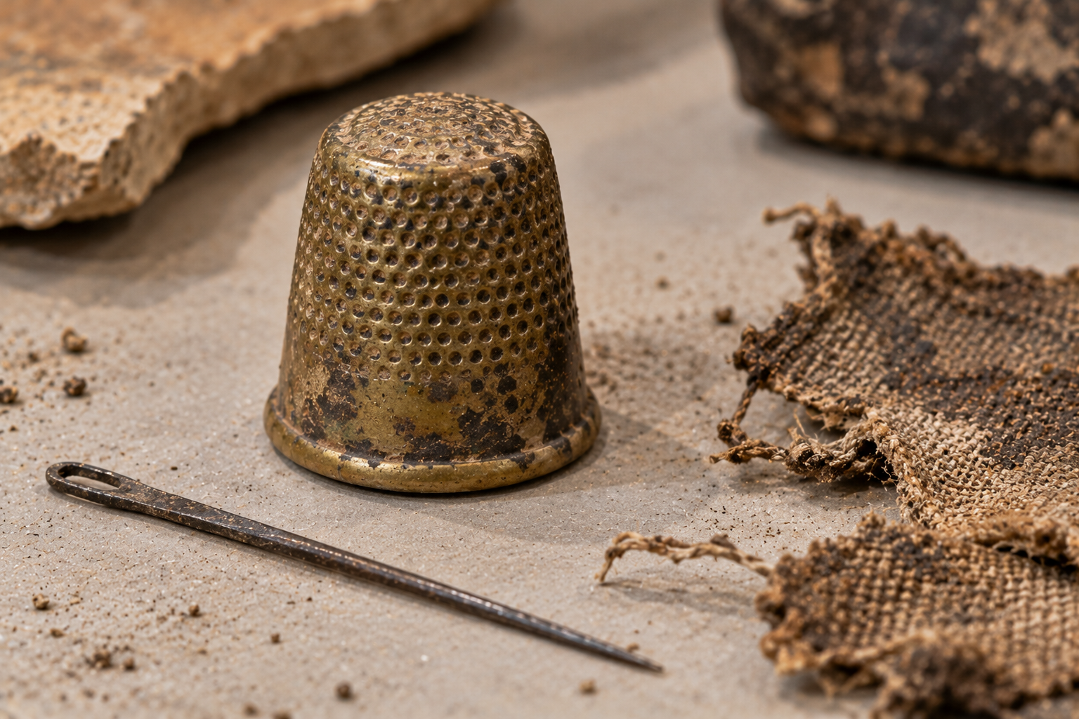A metal thimble and a sewing needle resting on a surface next to a fragment of worn fabric.