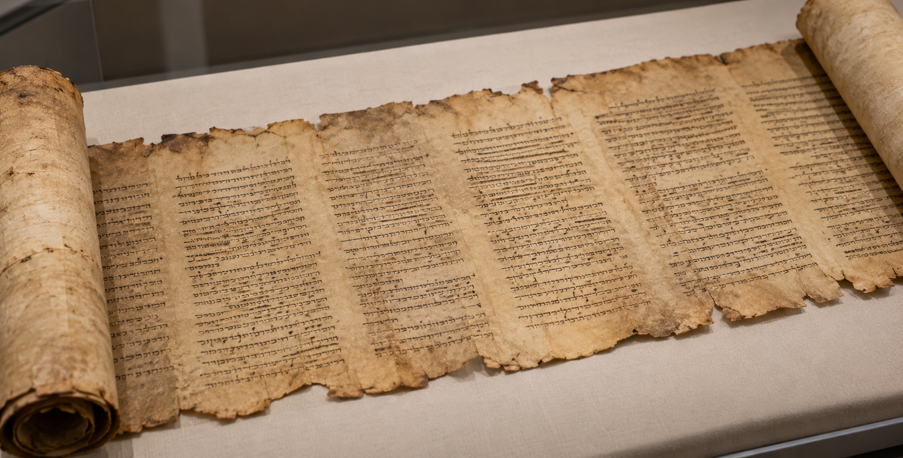 An ancient, unrolled parchment scroll featuring columns of handwritten Hebrew text.