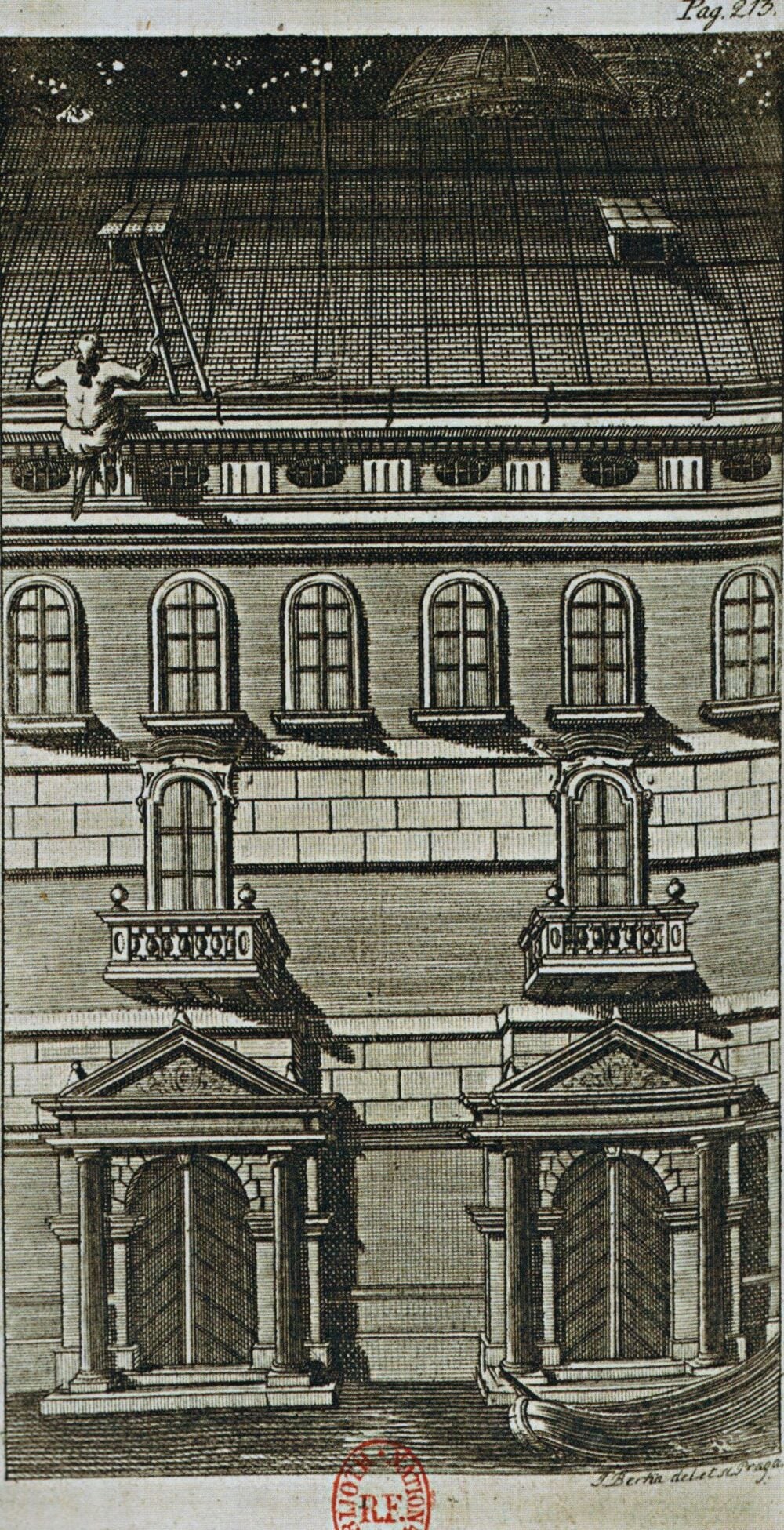 An architectural engraving of a building facade with two ground-floor entrances, arched windows, and a figure climbing a ladder on the roof.