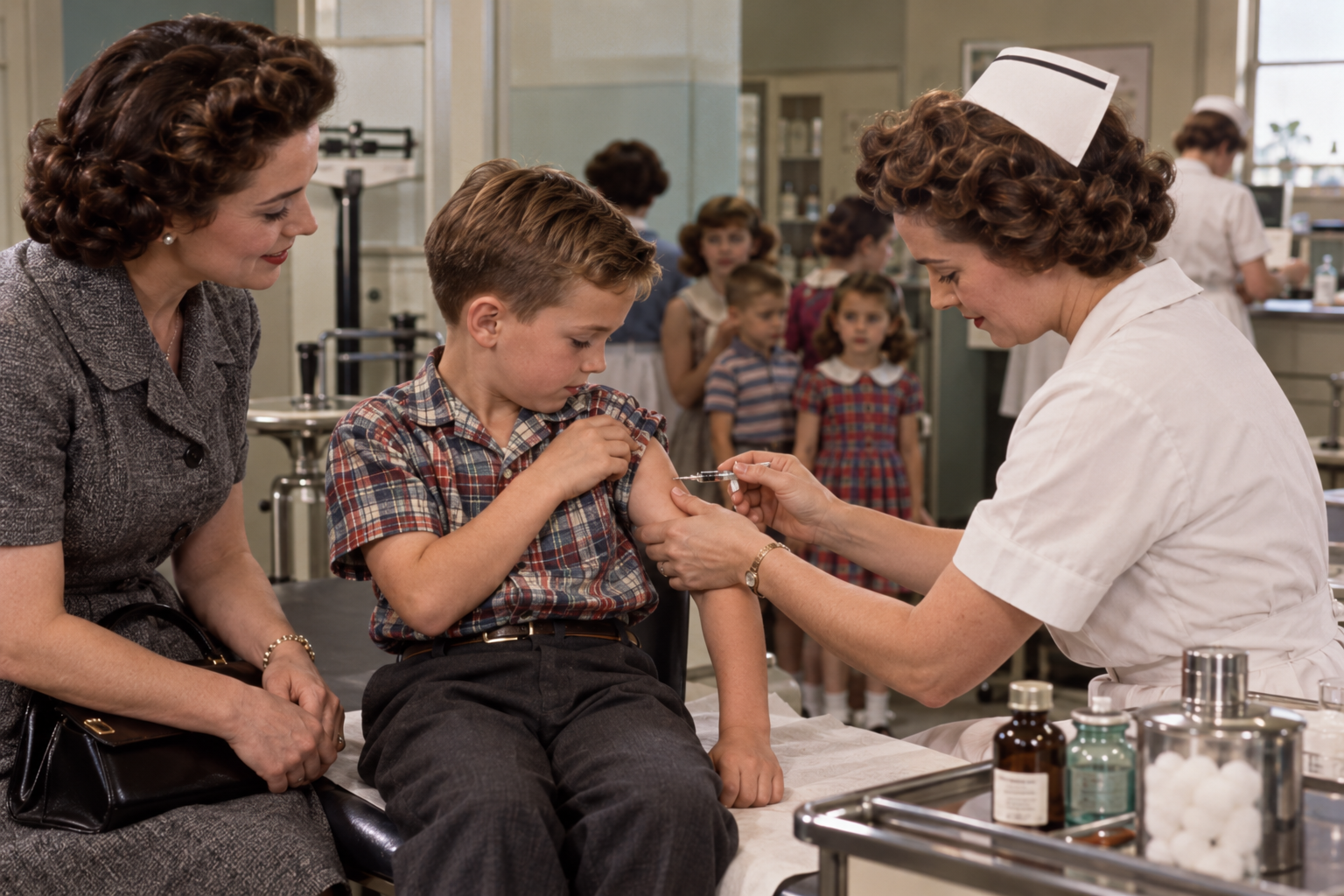 A nurse administers a vaccination to a young boy sitting on an exam table as his mother watches.