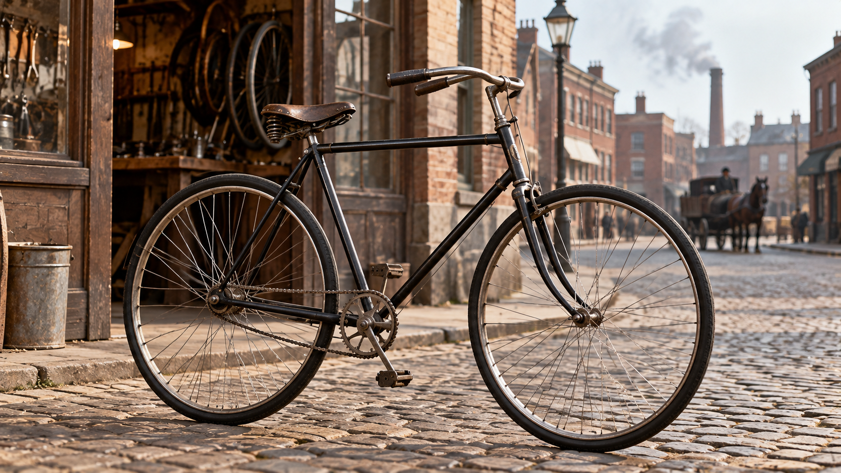 A vintage black bicycle parked on a cobblestone street in front of a shop, with a horse-drawn carriage in the background.