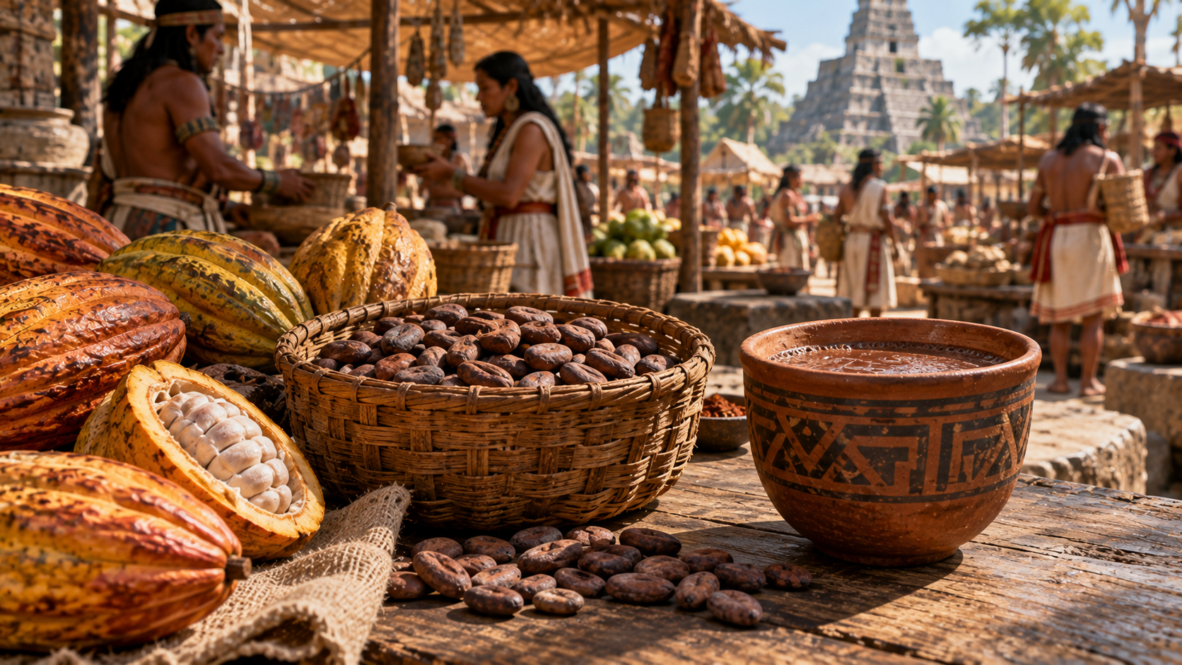 A basket of cocoa beans, a bowl of liquid chocolate, and halved cacao pods on a wooden table at an outdoor market with ancient stone structures in the background.