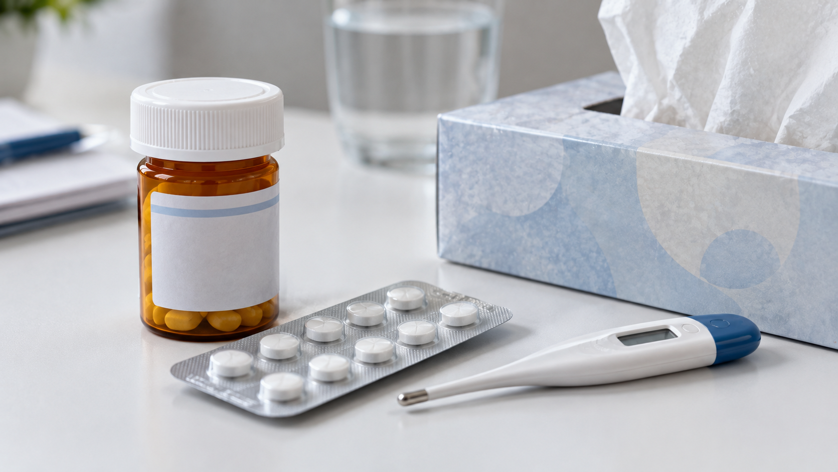 A bottle of pills, a blister pack of white tablets, a digital thermometer, and a box of tissues on a table.