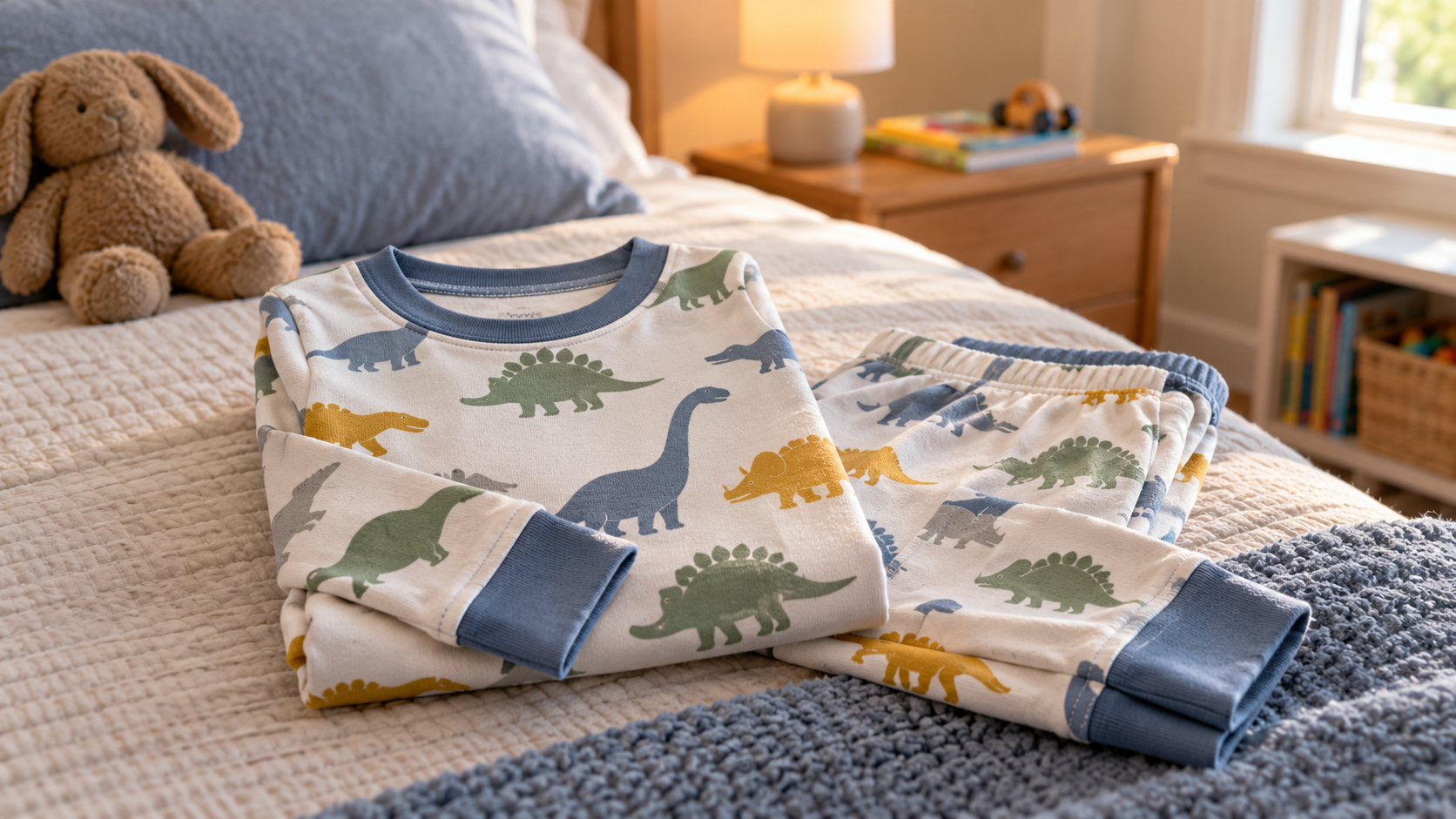 Two-piece long-sleeve pajama set with a dinosaur print on a bed with a stuffed bunny.