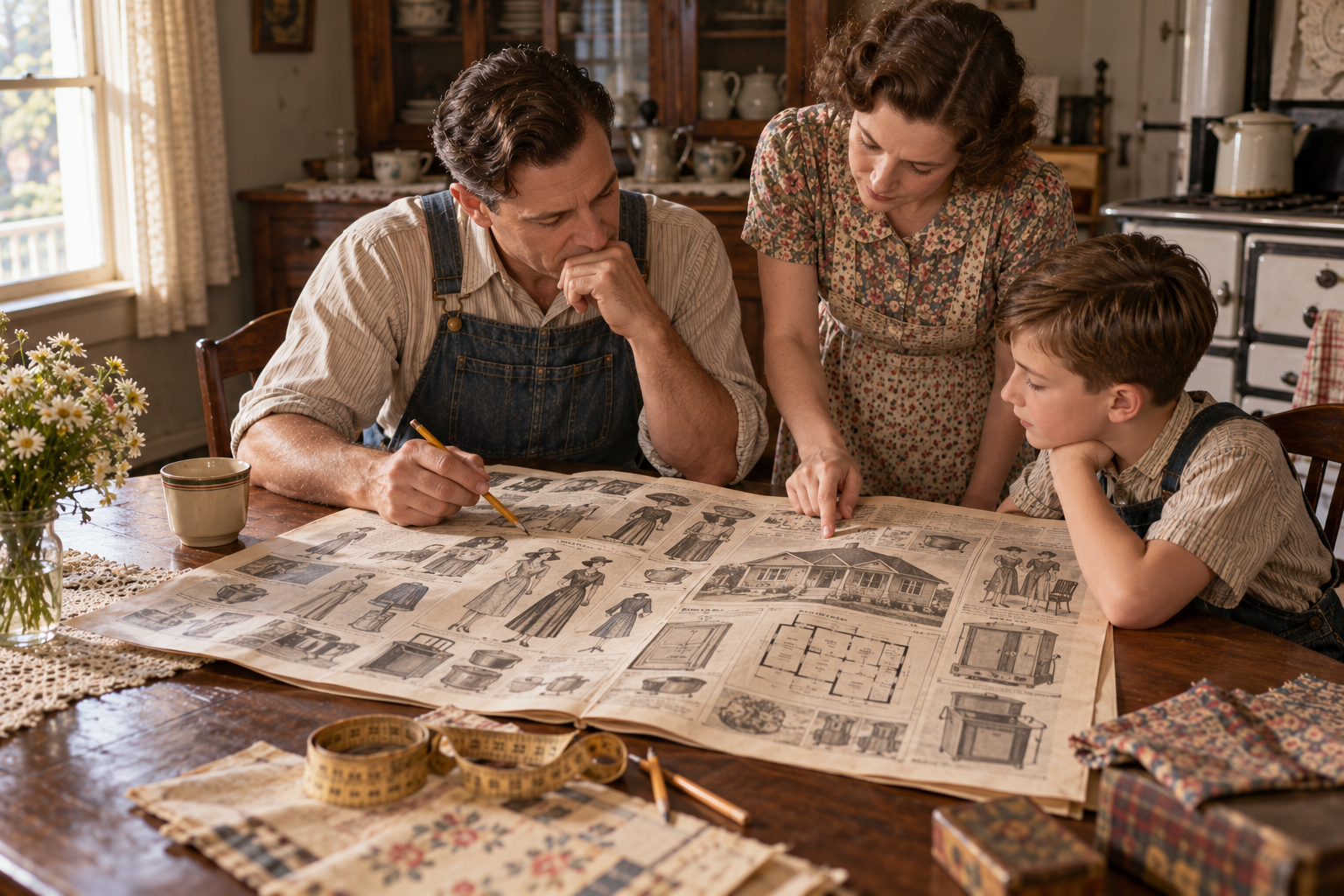 A man, woman, and young boy gather around a wooden table to examine a large, illustrated catalog of clothing and house plans.