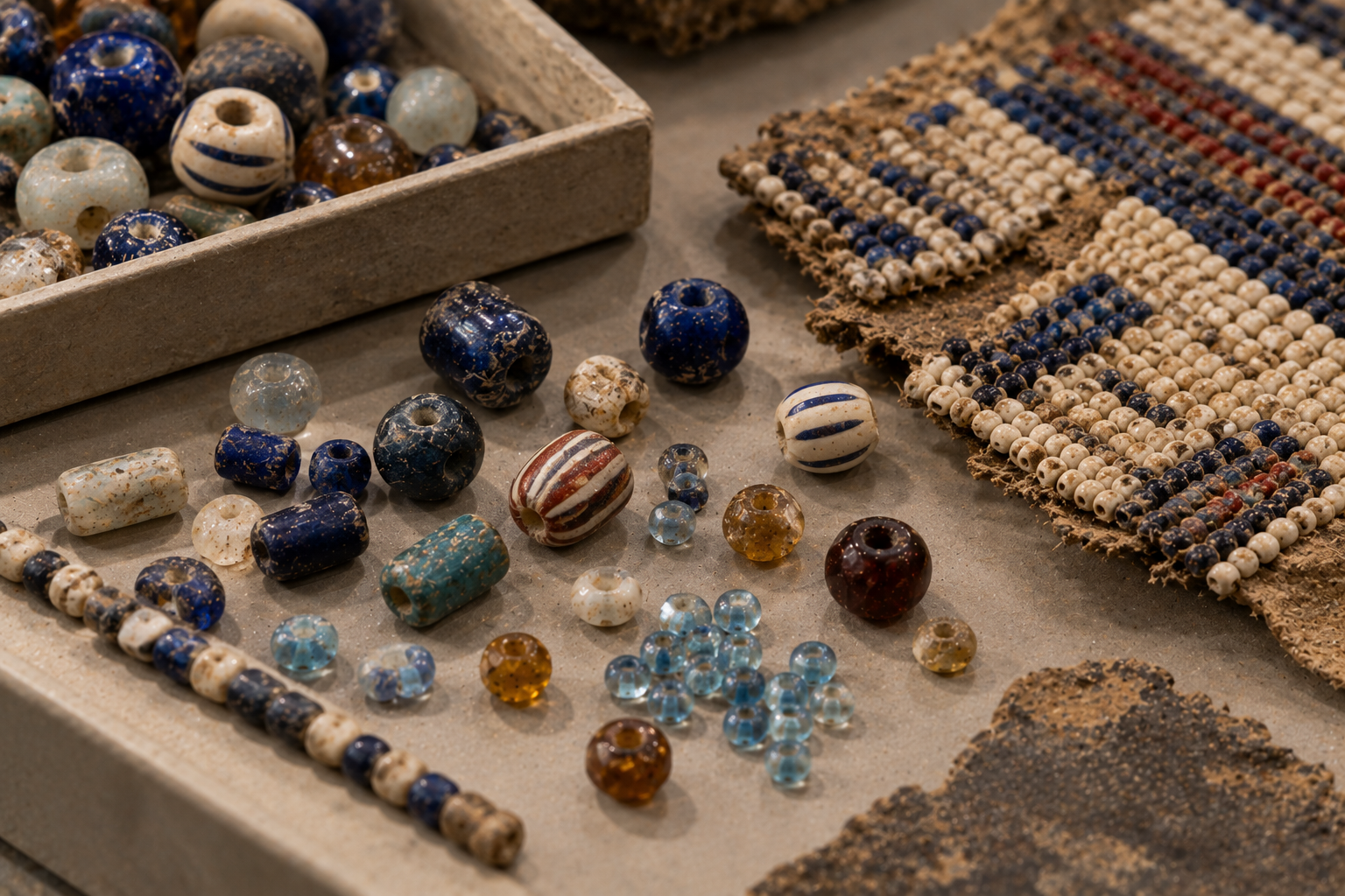 An assortment of ancient glass beads and a woven beaded textile fragment on display.