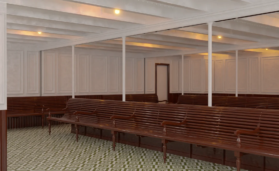 Rows of long wooden benches in a room with white paneled walls, ceiling lights, and a patterned tile floor.