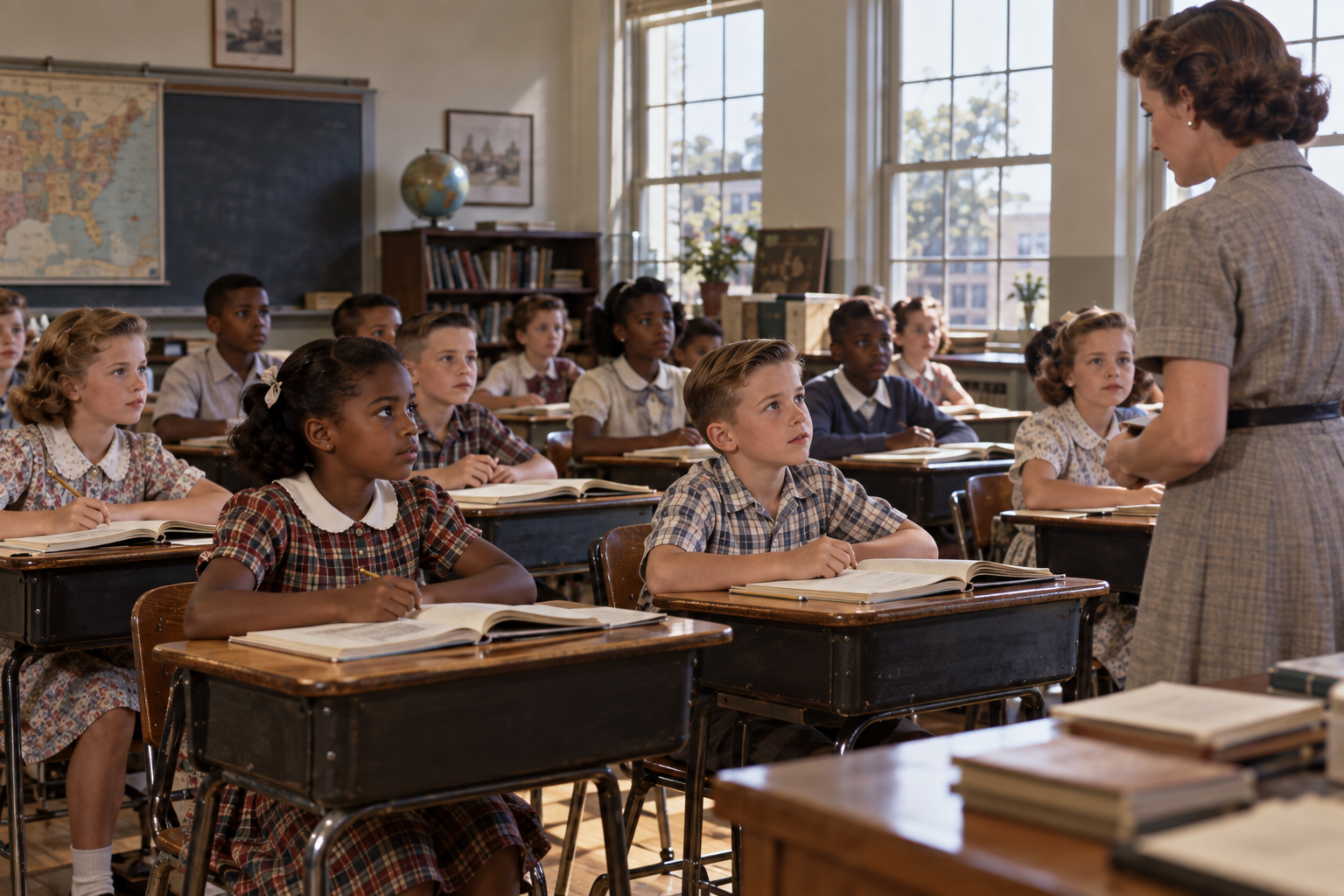 A teacher stands at the front of a vintage classroom as elementary students sit at wooden desks, looking toward her.