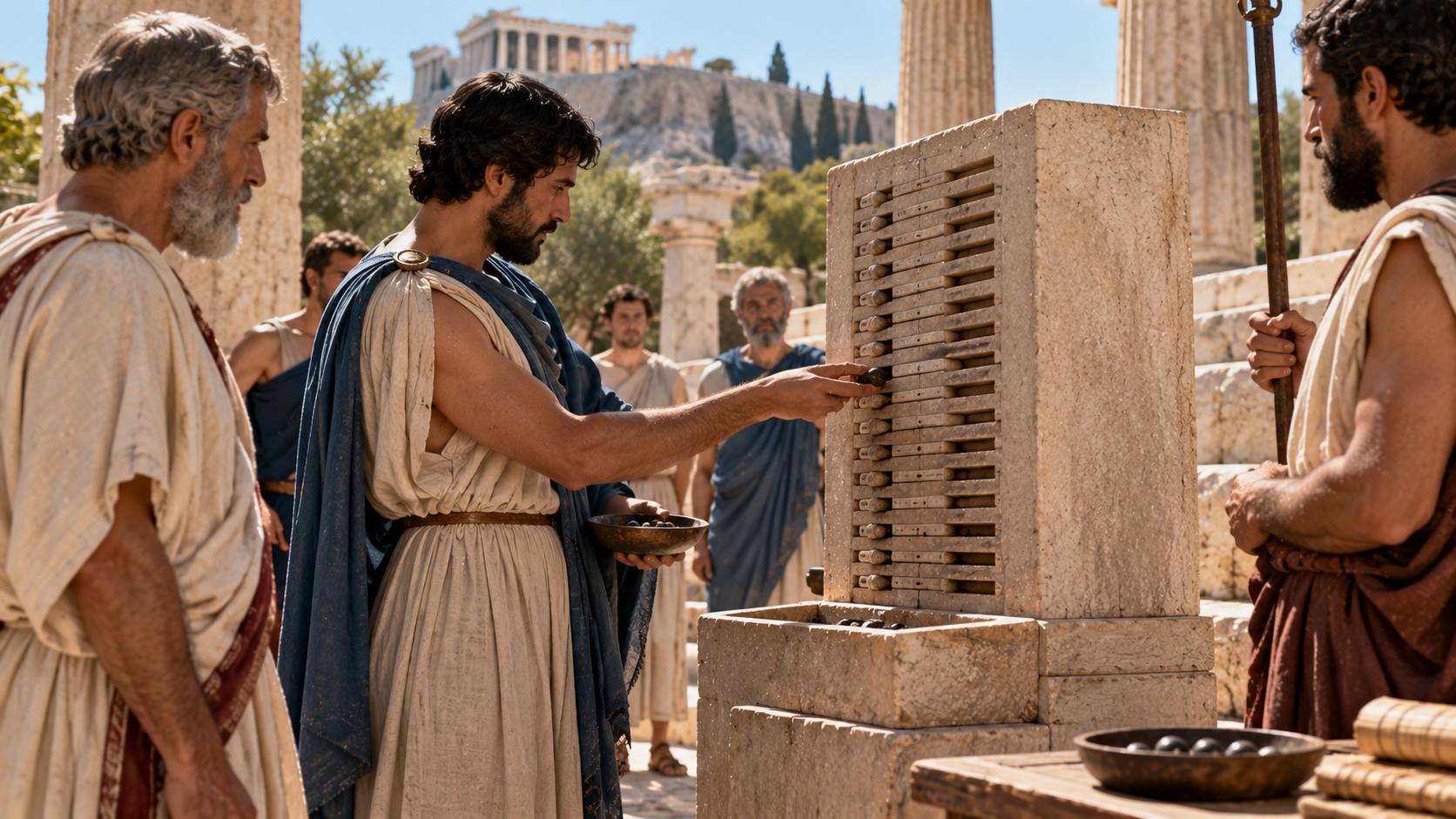 A man in ancient Greek attire places a stone into a slot on a stone voting device, while other men watch in a temple setting with the Parthenon in the background.