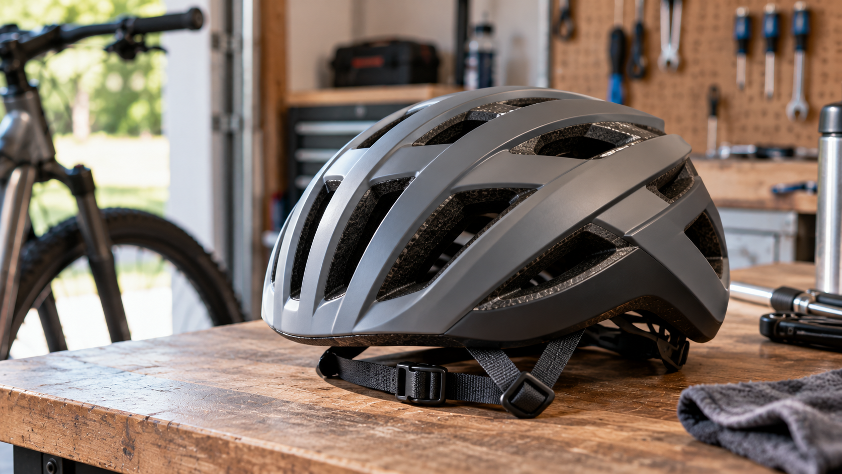 A matte grey bicycle helmet sits on a wooden workbench in a garage.