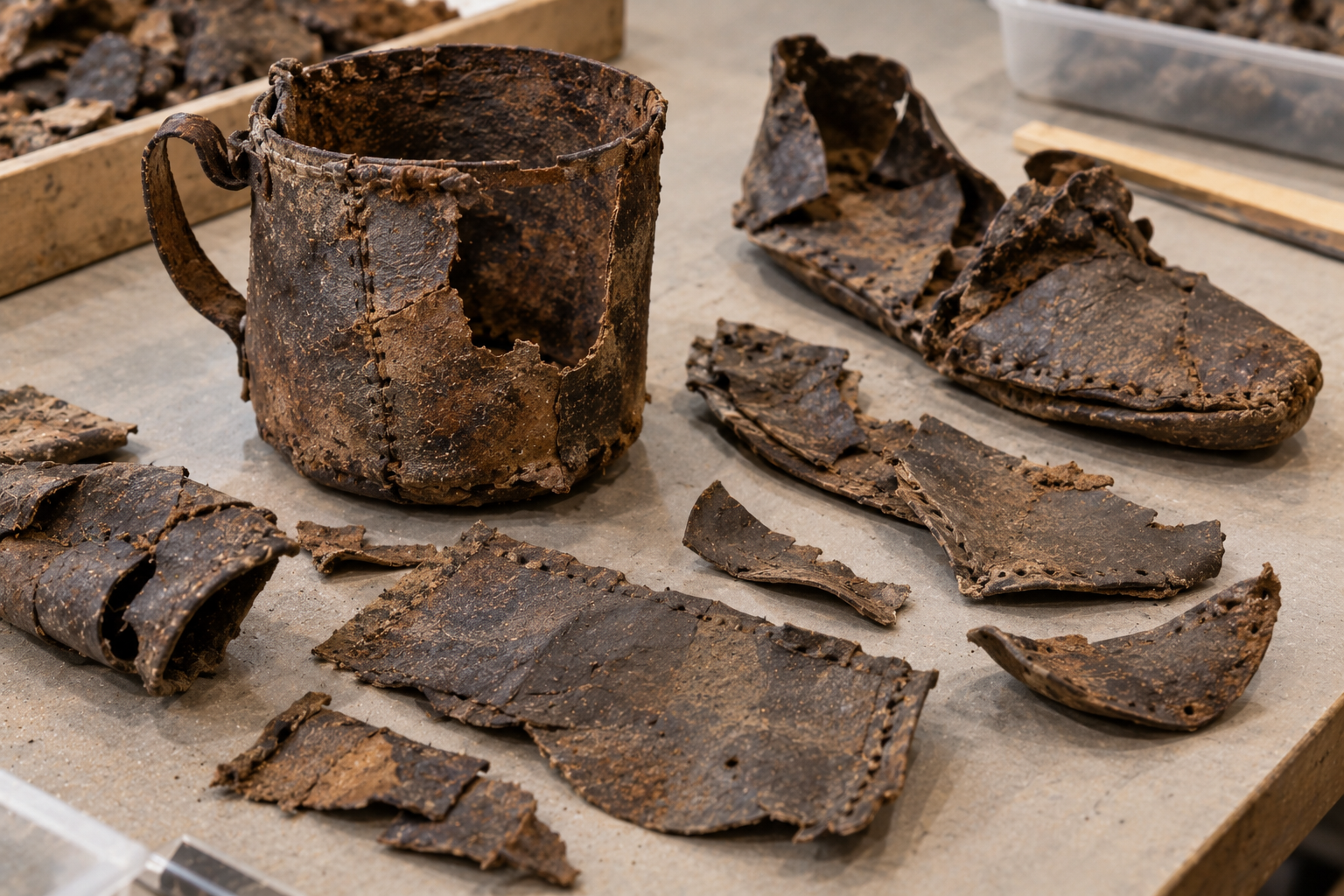 Ancient leather artifacts, including a stitched cup and a shoe, resting on a table.