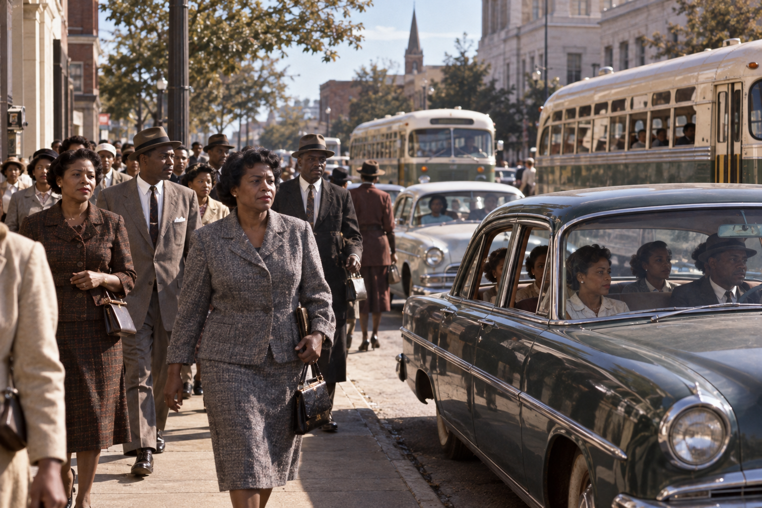 A group of well-dressed African American people walking along a city sidewalk next to a busy street with vintage cars and buses.