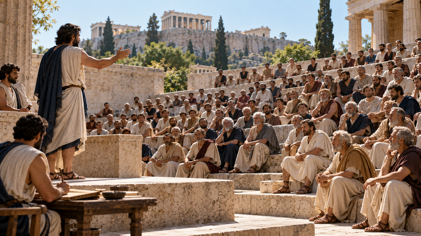A man in ancient Greek robes stands on a stone platform addressing a large, diverse crowd seated on the tiered stone benches of an outdoor amphitheater with the Parthenon visible in the background.