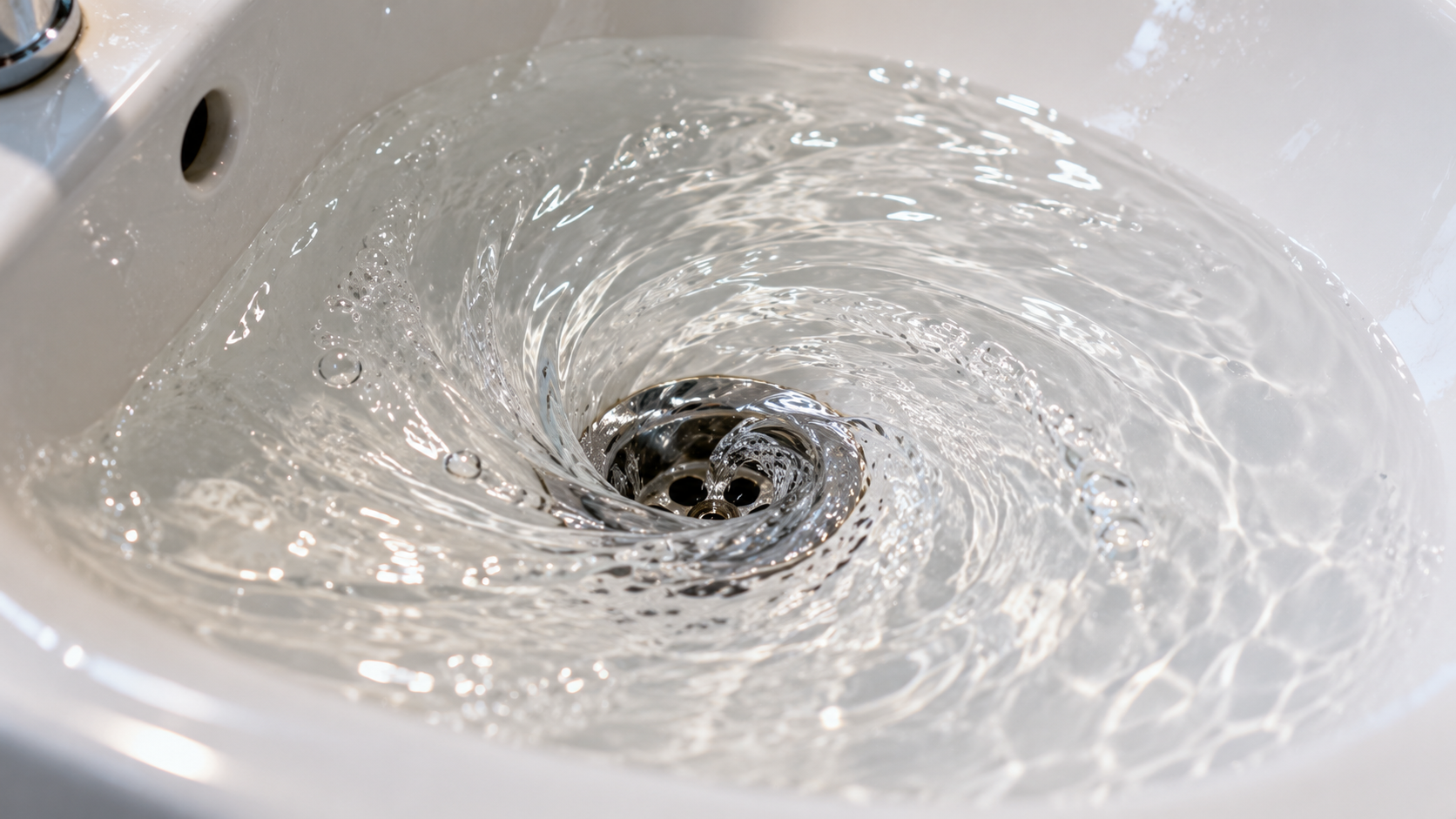 Water swirling into a sink drain.
