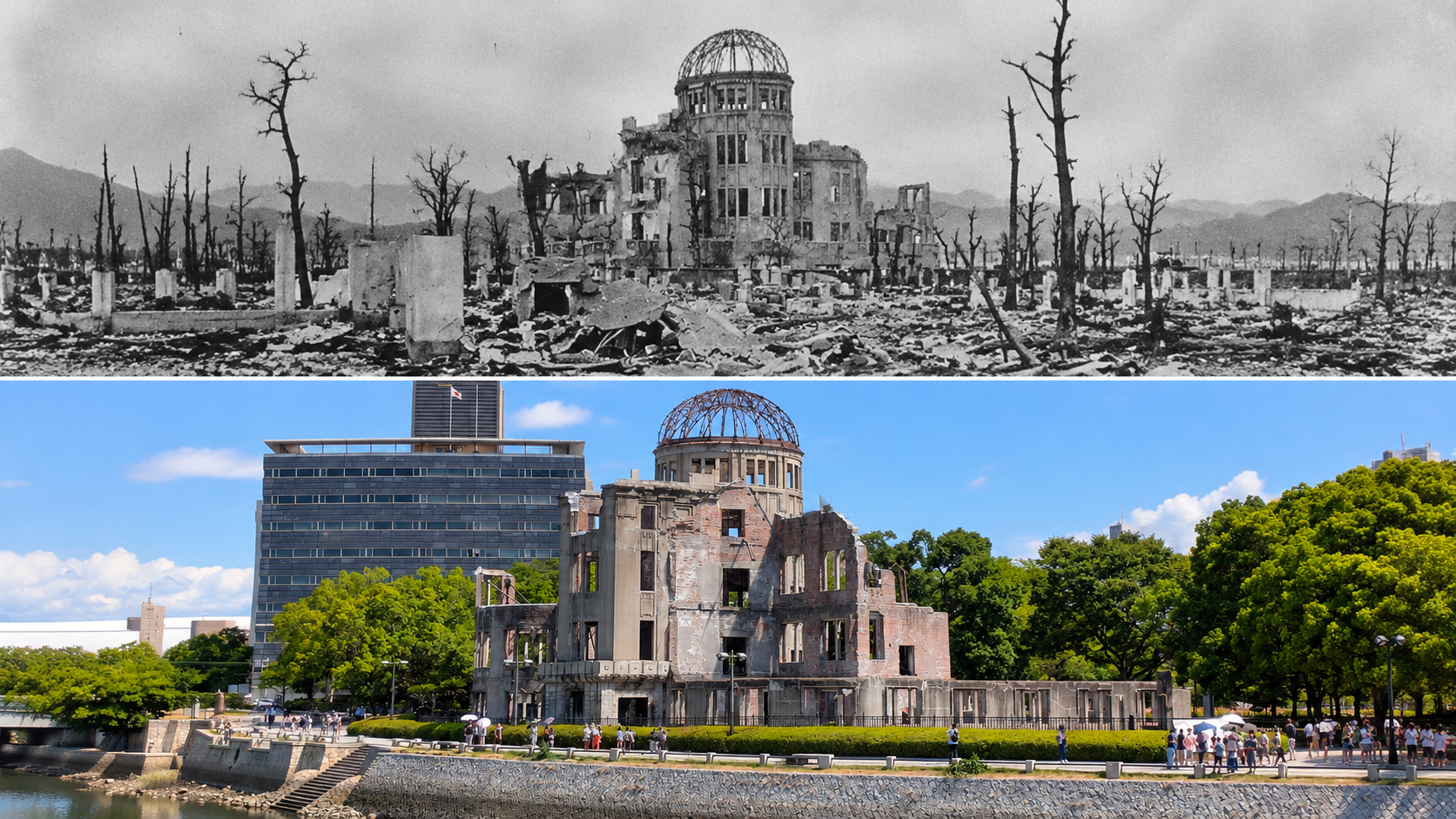 A split-screen image comparing the Hiroshima Peace Memorial in the immediate aftermath of the 1945 atomic bombing with its present-day state in a vibrant park.