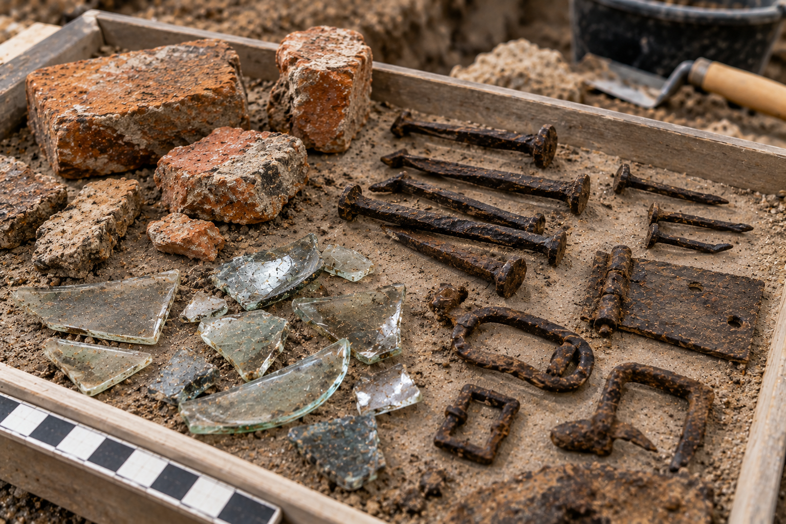 A wooden sorting tray containing archaeological finds including brick fragments, shards of glass, rusted metal nails, and hardware hinges.