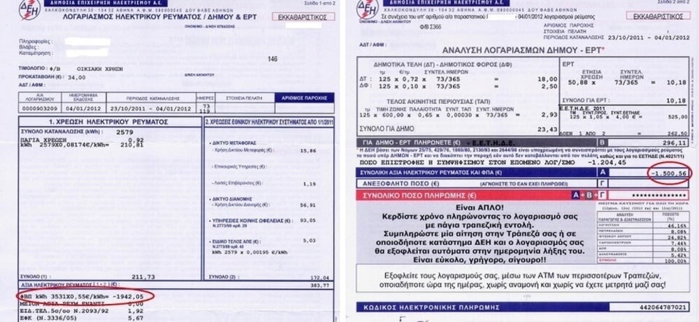 An electricity bill statement with two red circles highlighting a total electricity charge of 210.81 and a credit balance of -1,500.56.