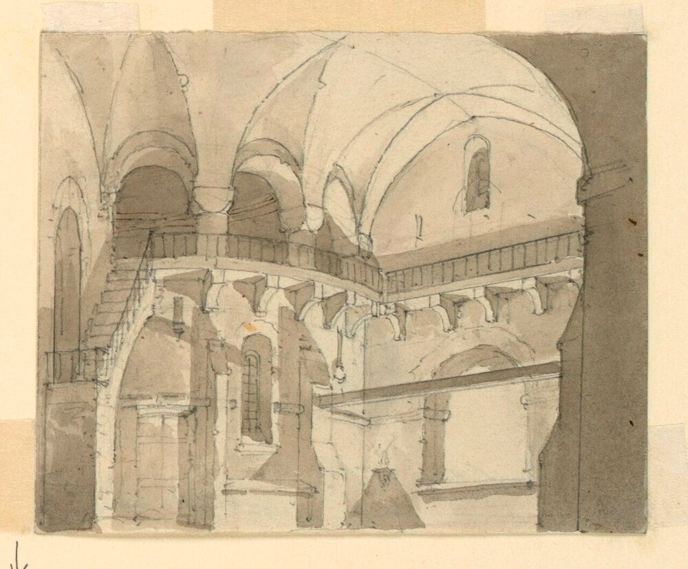Ink and wash drawing of a vaulted interior with an arched balcony, staircases, and stone architectural details.