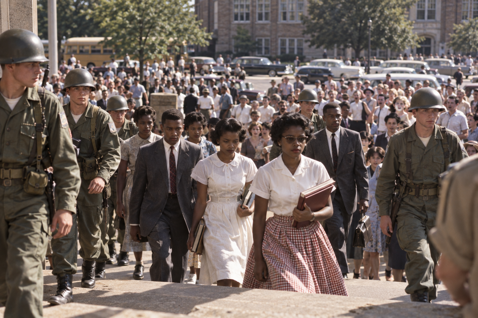 A group of Black students walking up stone steps while being escorted by soldiers in uniform, with a crowd of people and vintage cars in the background.