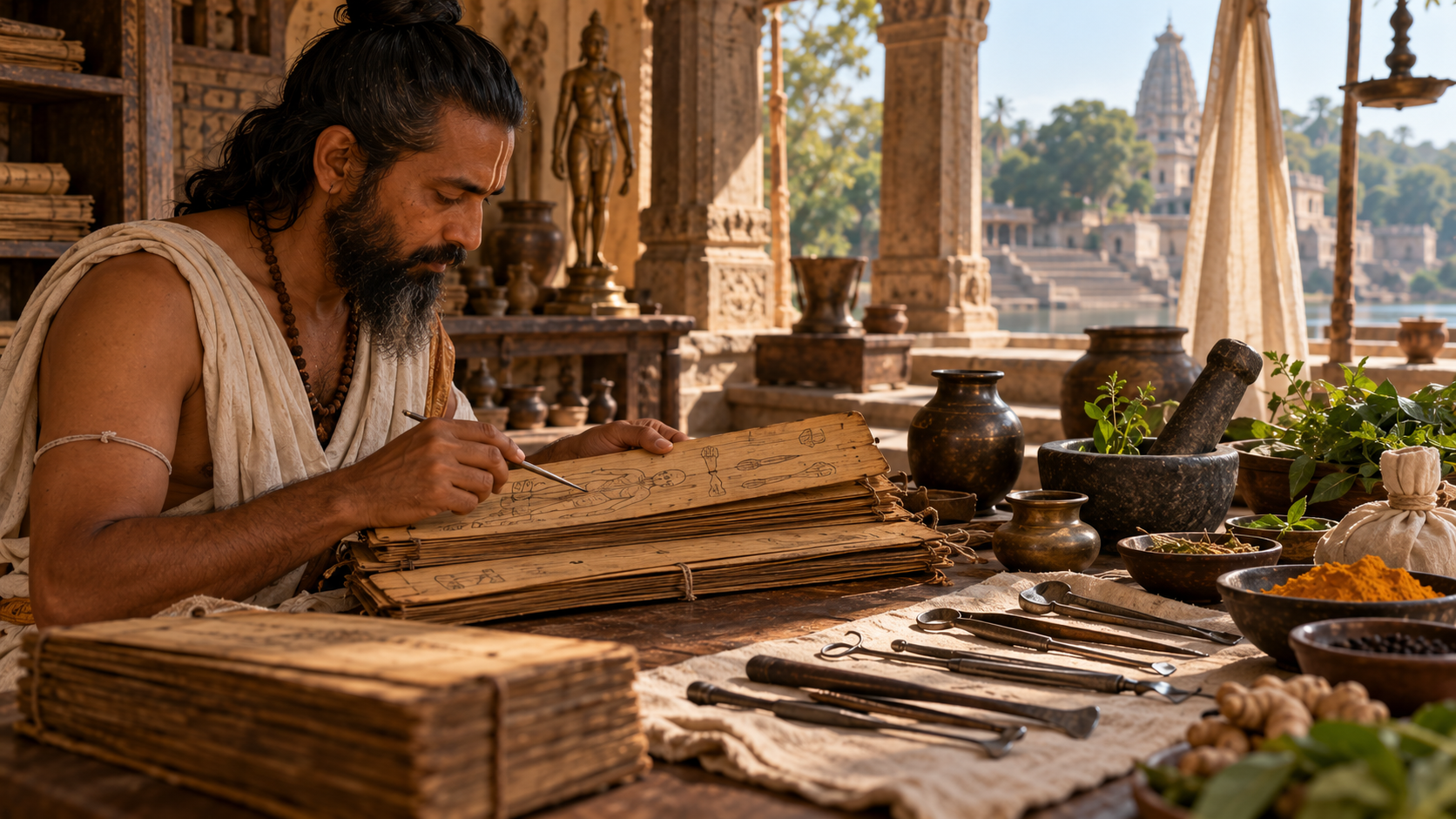 A man with a beard, wearing traditional cloth, uses a stylus to write on a stack of palm-leaf manuscripts at a table with metal tools, bowls of spices, and herbs in an open-air pavilion overlooking a temple.