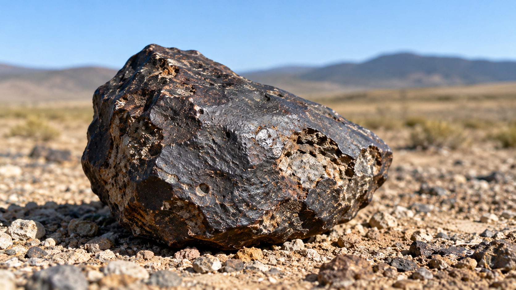 A dark, pitted meteorite resting on a dry, rocky desert landscape with mountains in the background.