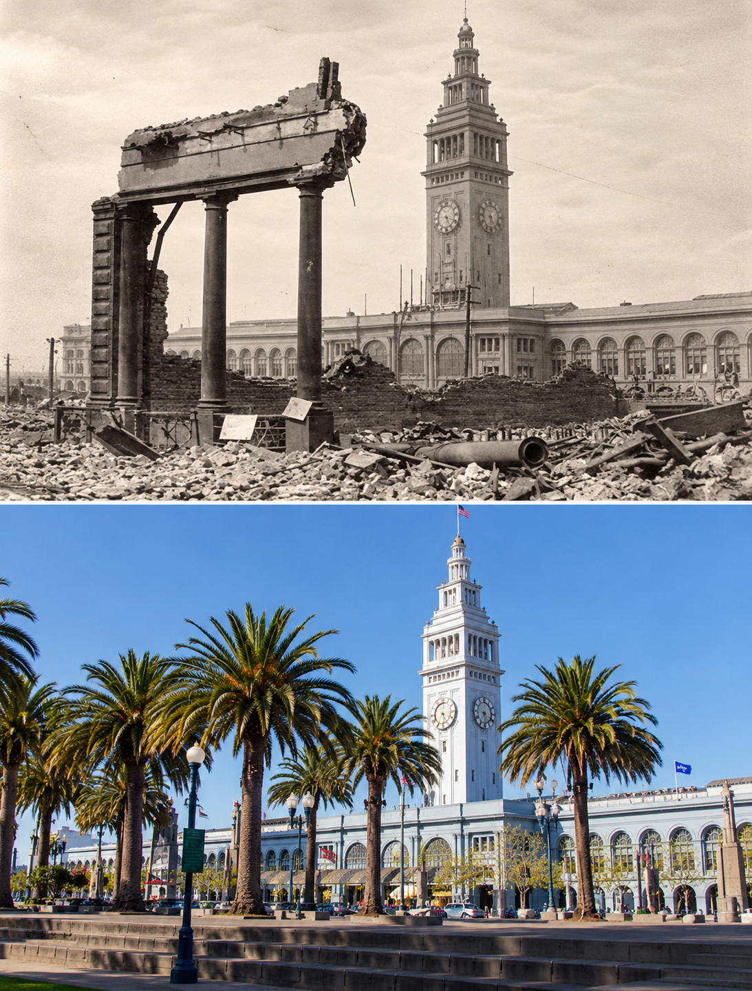 Side-by-side historical and modern views of the San Francisco Ferry Building, showing ruins from the 1906 earthquake in the top image and the restored building surrounded by palm trees in the bottom image.