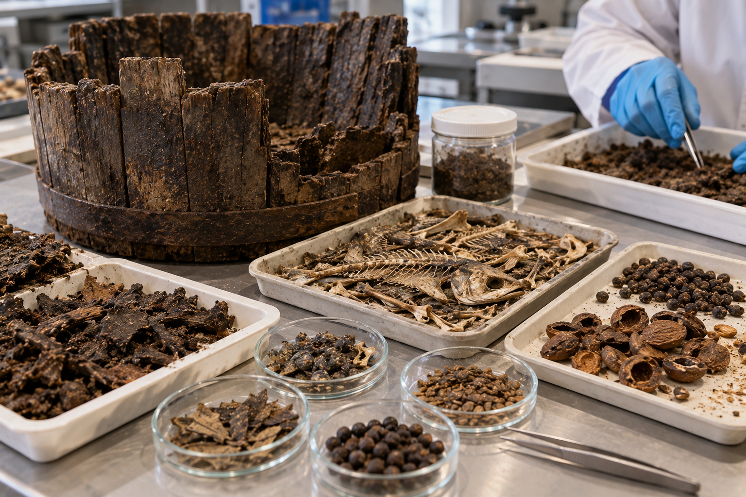 Archaeological laboratory table with a wooden vessel, trays of organic remains including fish bones and seeds, and a person in blue gloves sorting samples with tweezers.
