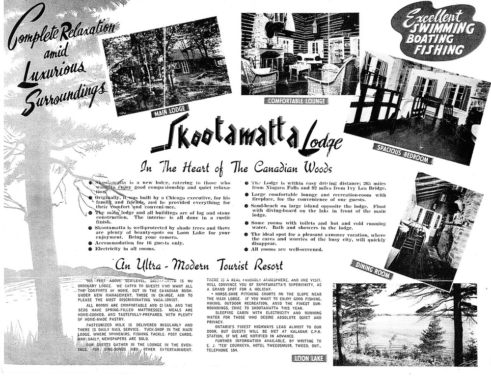 Vintage promotional flyer for Skootamatta Lodge, featuring black-and-white photos of the main lodge, lounge, bedroom, and dining room, along with descriptive text about the resort’s amenities and location.