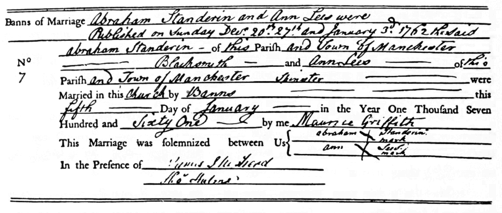 A historical document recording the marriage banns of Abraham Standerin and Ann Lees in Manchester, dated January 5, 1761, including their signatures and the officiating minister.