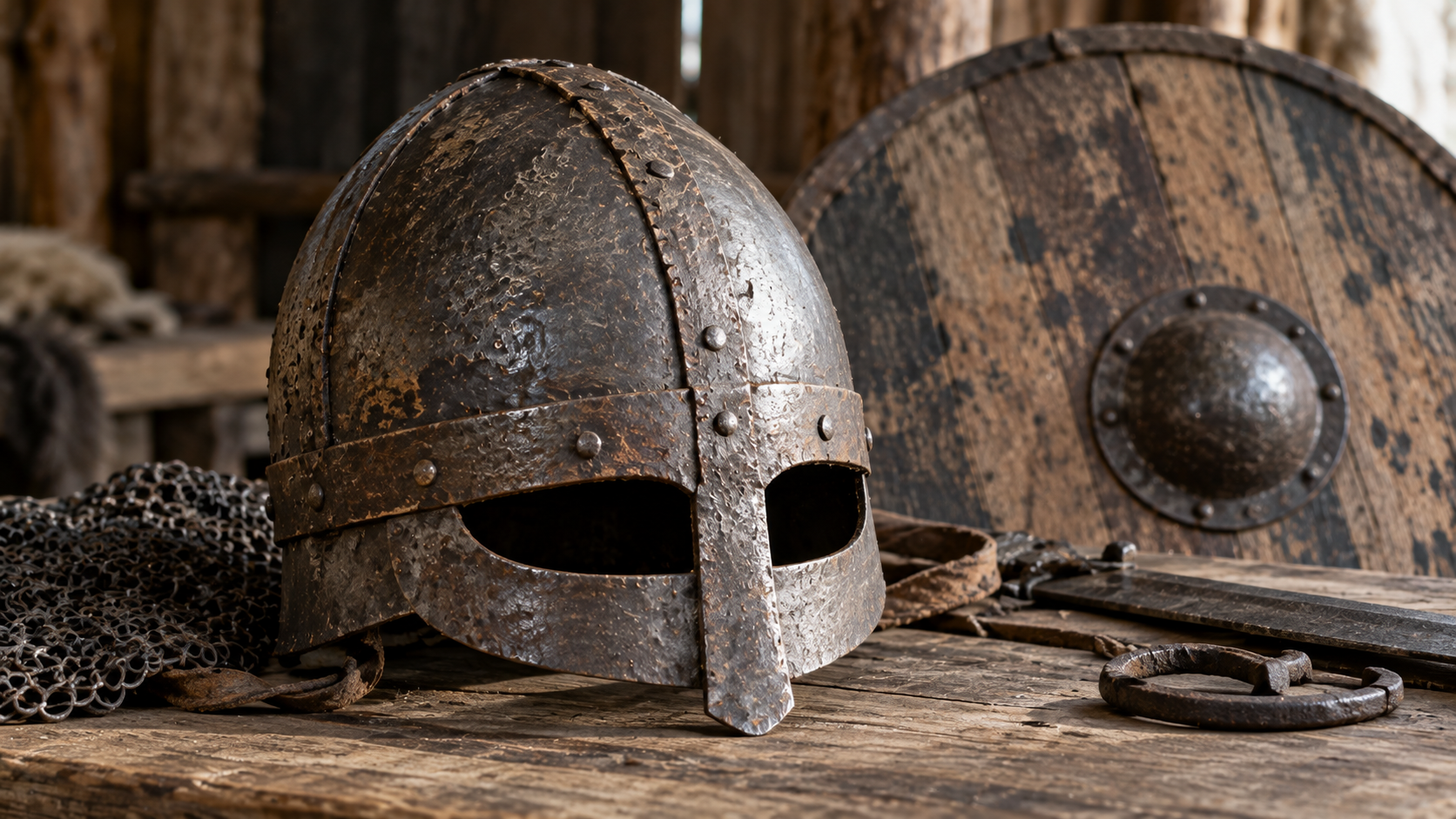 A weathered metal helmet with a nose guard sits on a wooden table beside a round wooden shield and a chainmail tunic.