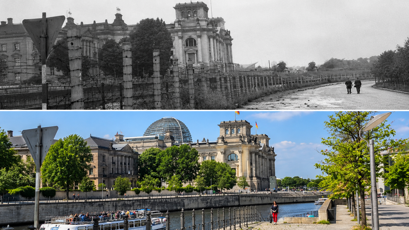 A split-screen comparison of the Reichstag building in Berlin showing the same perspective during the Cold War with a barbed-wire wall and today with a modern glass dome and a tour boat on the river.
