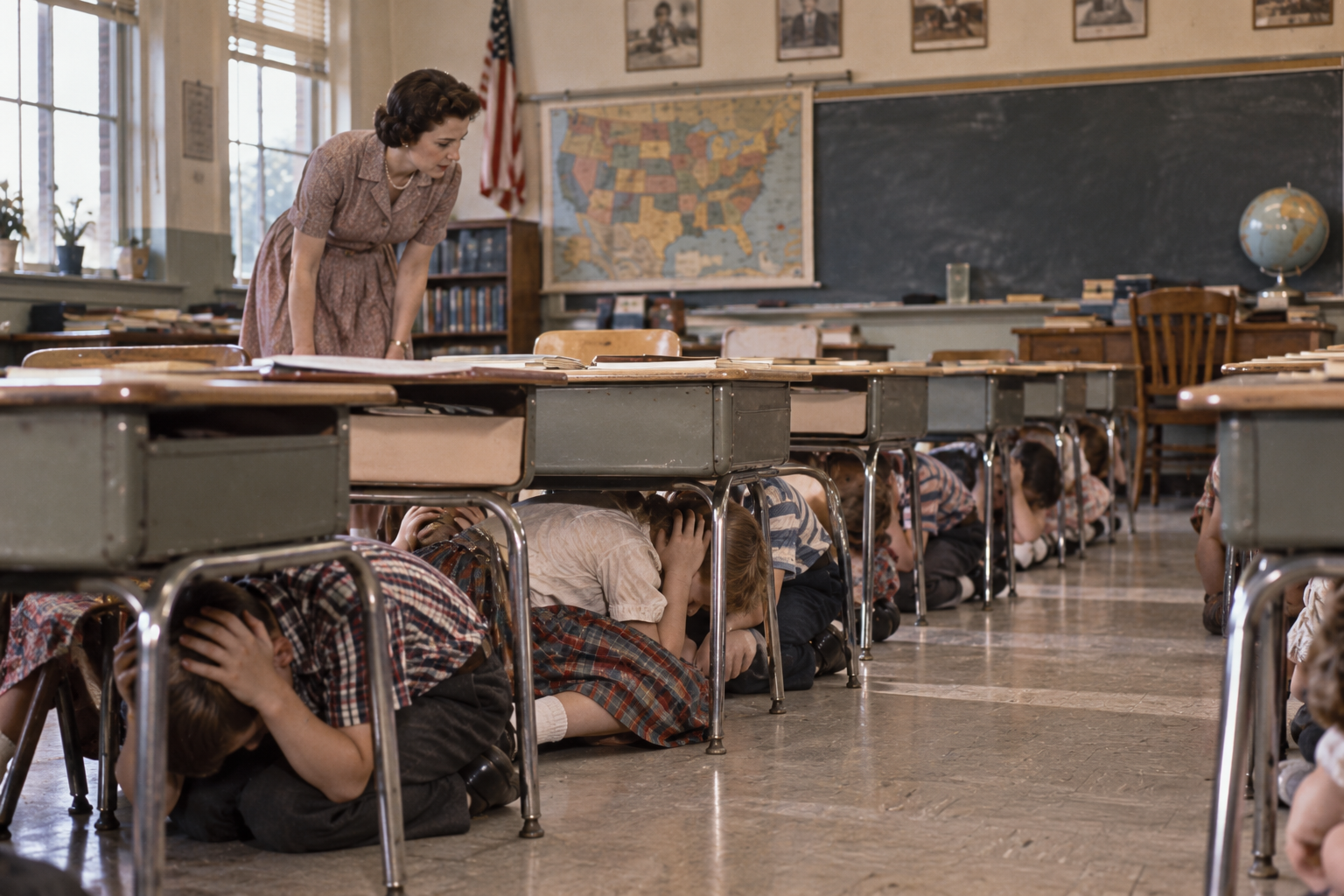 A teacher stands by as a classroom of students crouches under their desks with their hands over their heads.