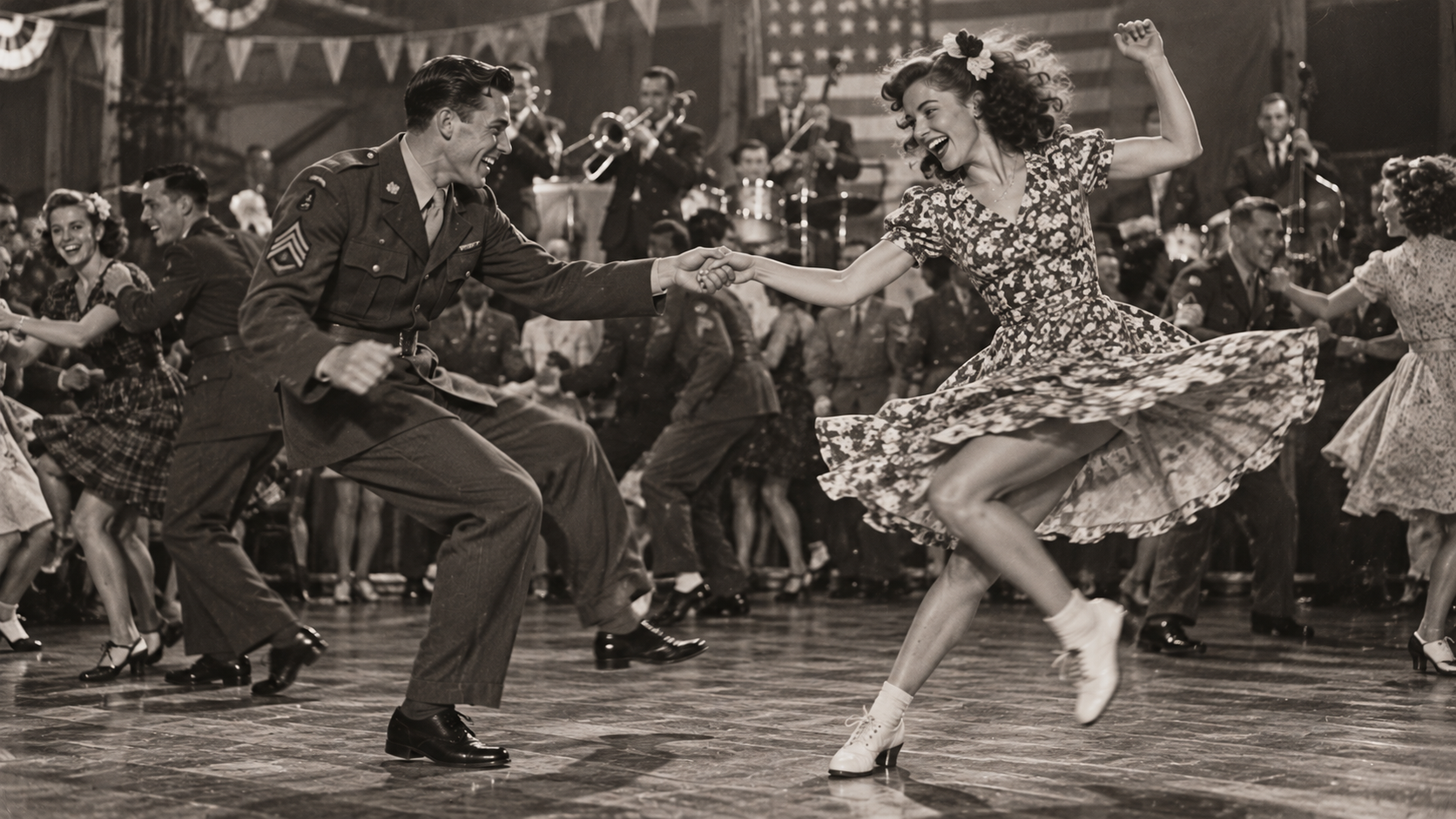 A soldier in uniform and a woman in a floral dress swing dance together in a crowded ballroom with a live band in the background.