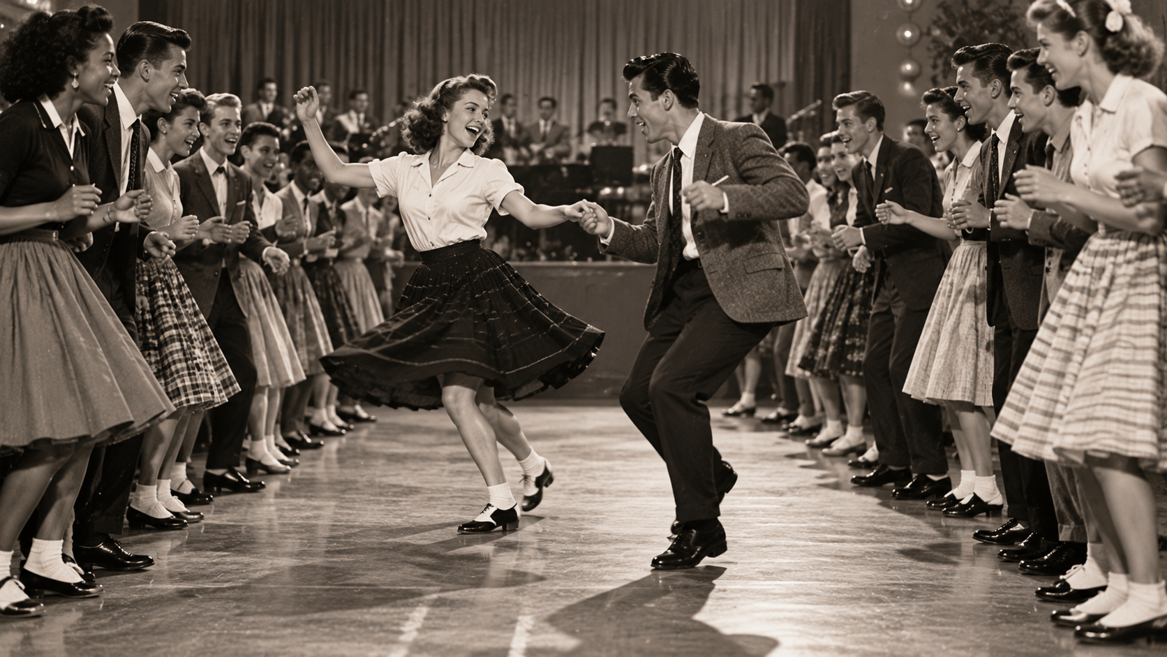 A young couple dancing the jitterbug in the center of a crowded ballroom, surrounded by other couples dancing in a line.