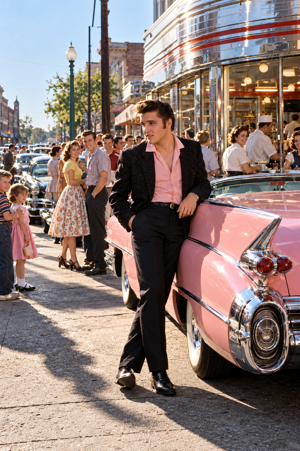 A man with dark hair in a pink shirt and dark jacket leans against a classic pink Cadillac outside a retro-style diner as people in 1950s-era clothing look on.
