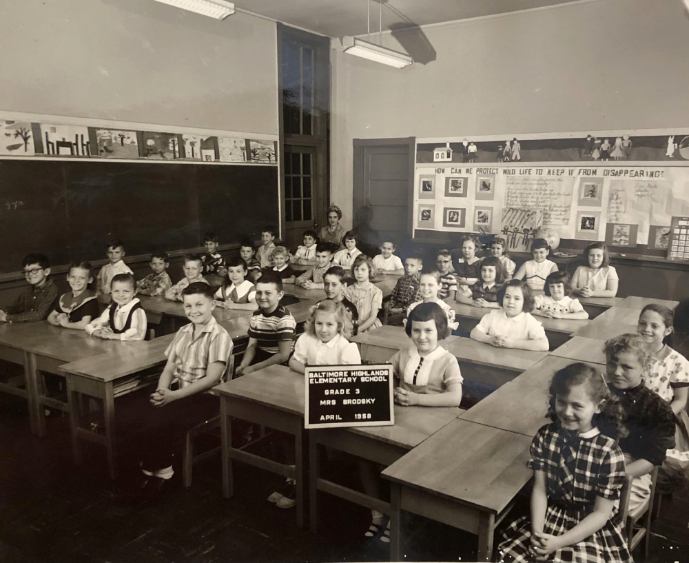 A black-and-white class photo of Baltimore Highlands Elementary School, Grade 3, taught by Mrs. Brodsky in April 1958, showing students sitting at wooden desks in a classroom.