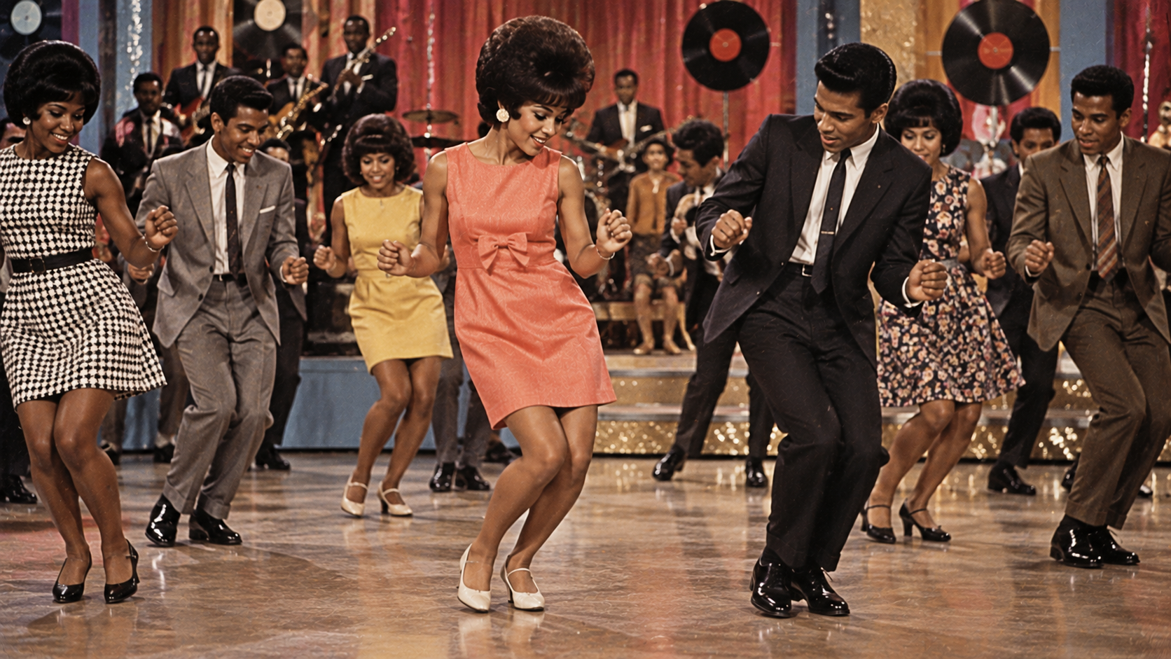 A group of young people in 1960s-style clothing dance on a television stage with a band in the background.