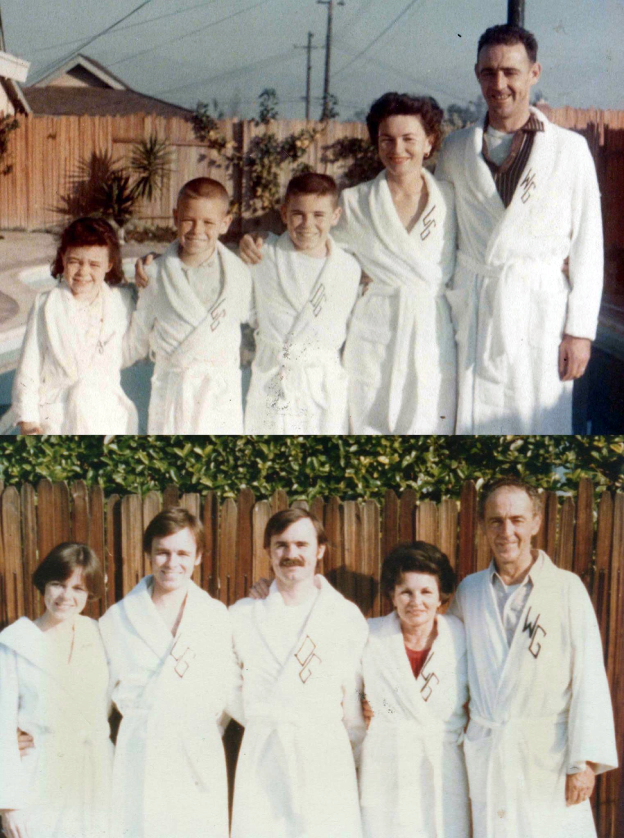 Two photos show the same family posing by a pool and fence, first as children with parents, then as adults with parents. All wear matching white robes.