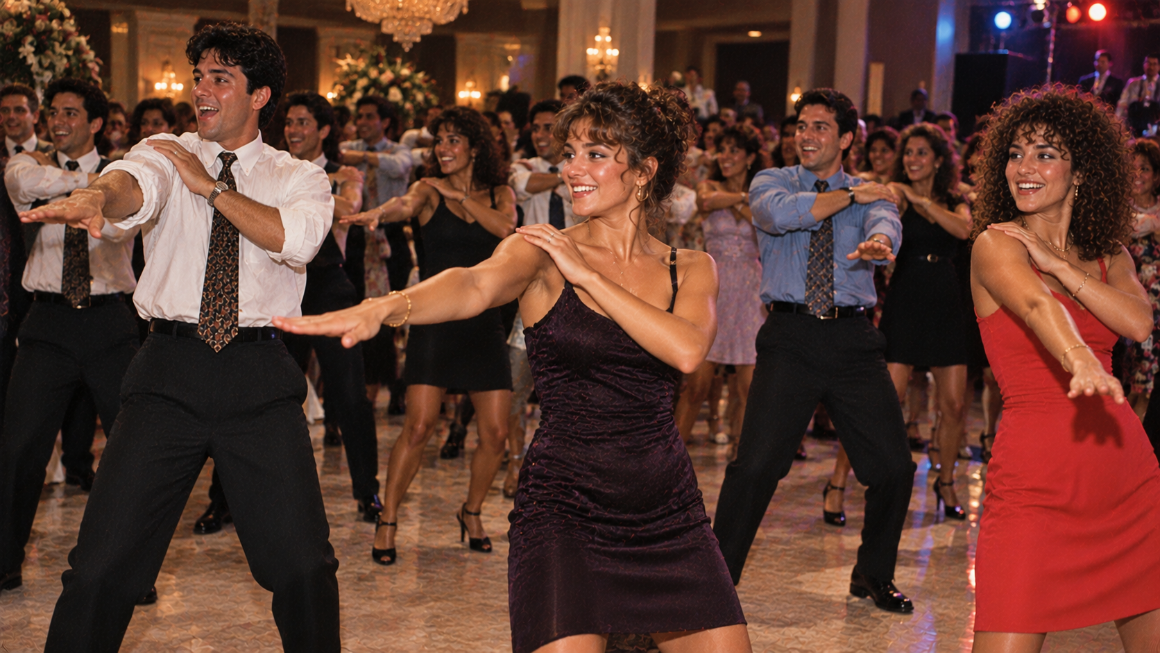 A group of people in formal attire performing a synchronized dance on a ballroom floor.