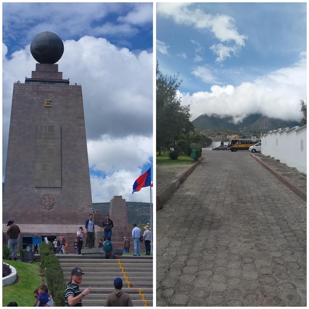 Split image showing the Mitad del Mundo monument with visitors in front and a stone path leading toward mountains under a cloudy sky.
