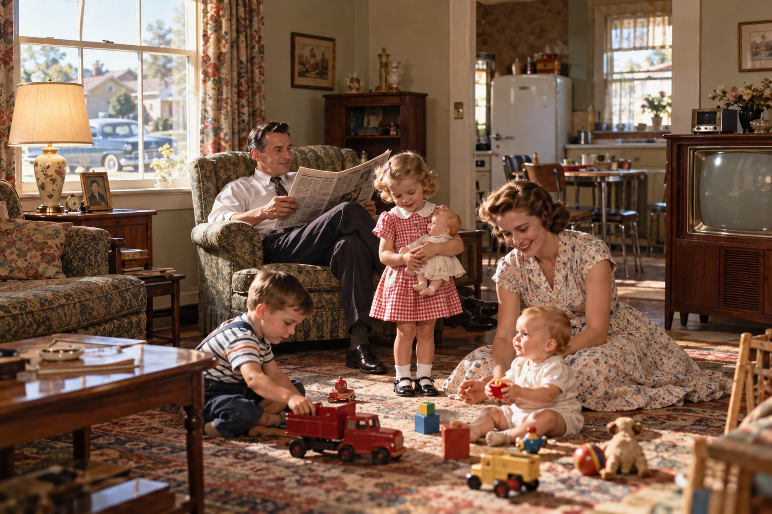 A 1950s family in a living room: a father reads a newspaper, a mother plays with a baby, a daughter holds a doll, and a young boy plays with toy trucks on the rug.