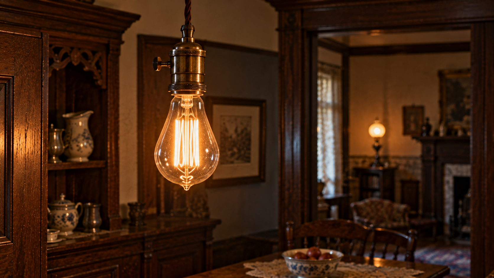 A glowing vintage-style Edison bulb hanging in a dimly lit, traditionally furnished room.