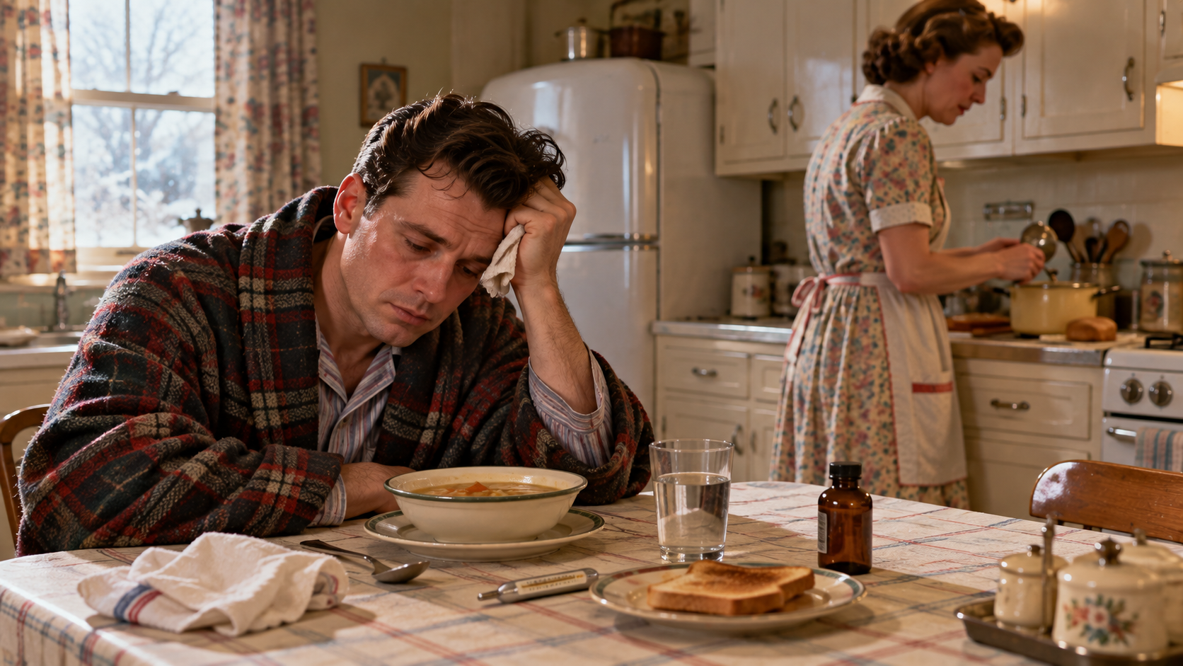 A man in a bathrobe sits at a kitchen table with a bowl of soup and a thermometer, looking unwell, while a woman cooks in the background.