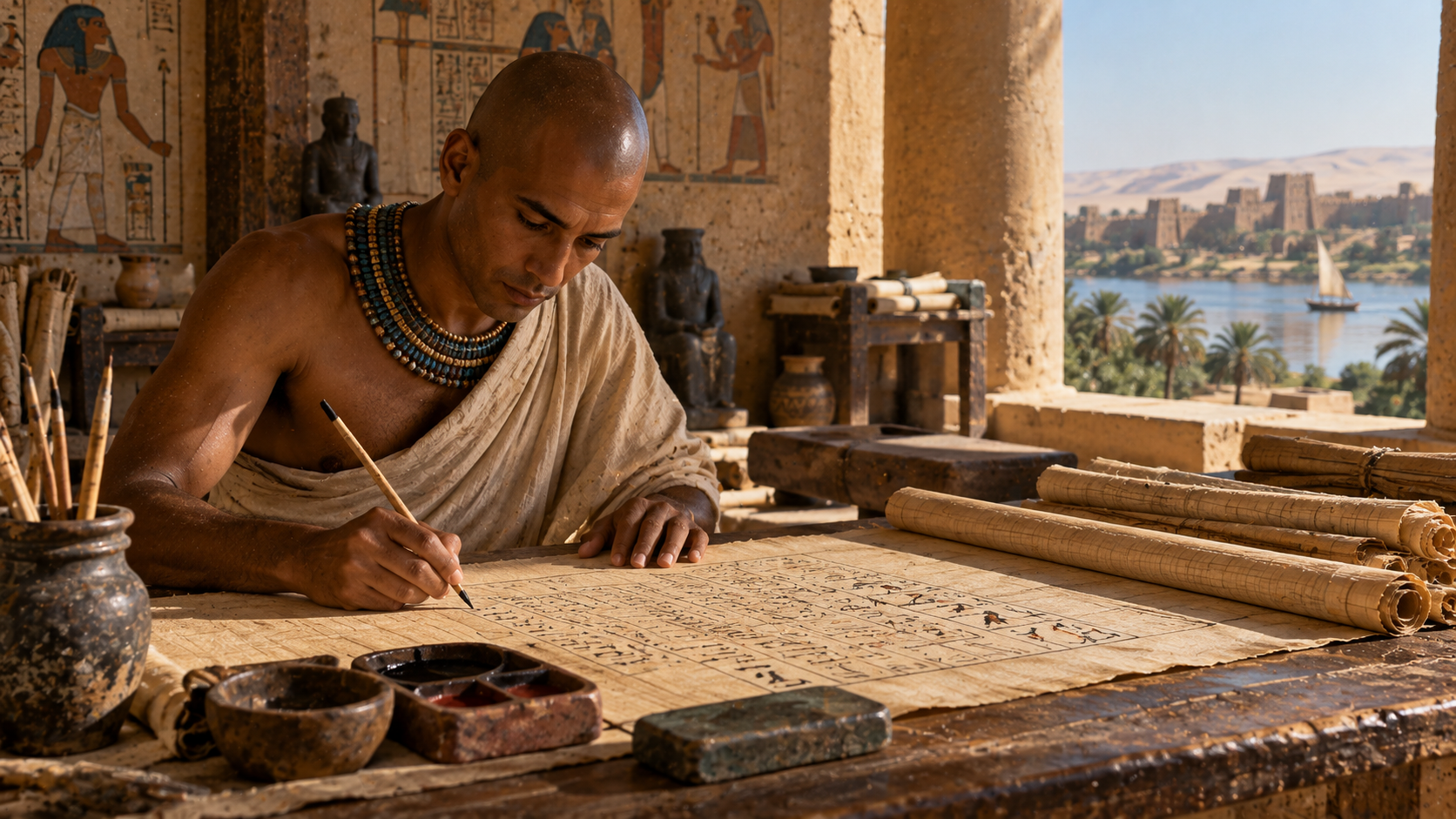 An Egyptian scribe writes on a papyrus scroll at a table in a stone structure overlooking the Nile River.