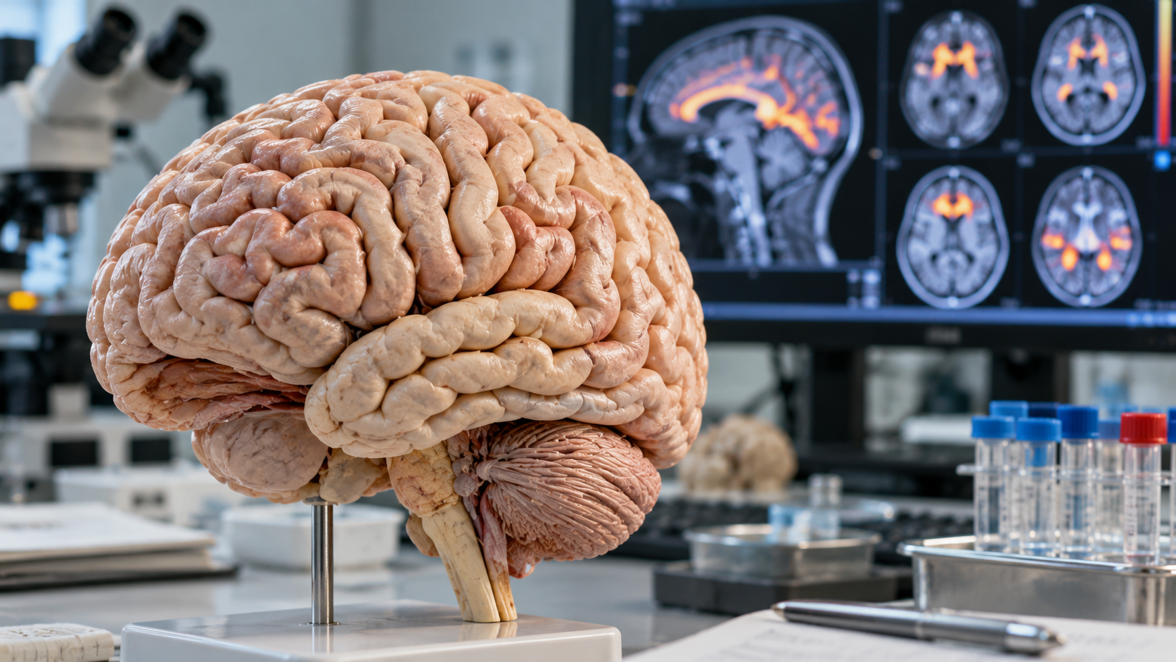 An anatomical model of a human brain on a stand, with brain scan imagery displayed on a computer monitor in the background.