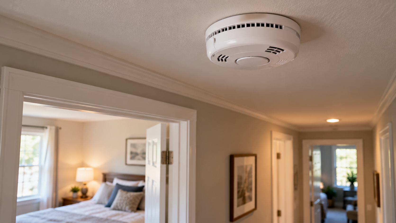 A white smoke detector mounted on the ceiling in a hallway.