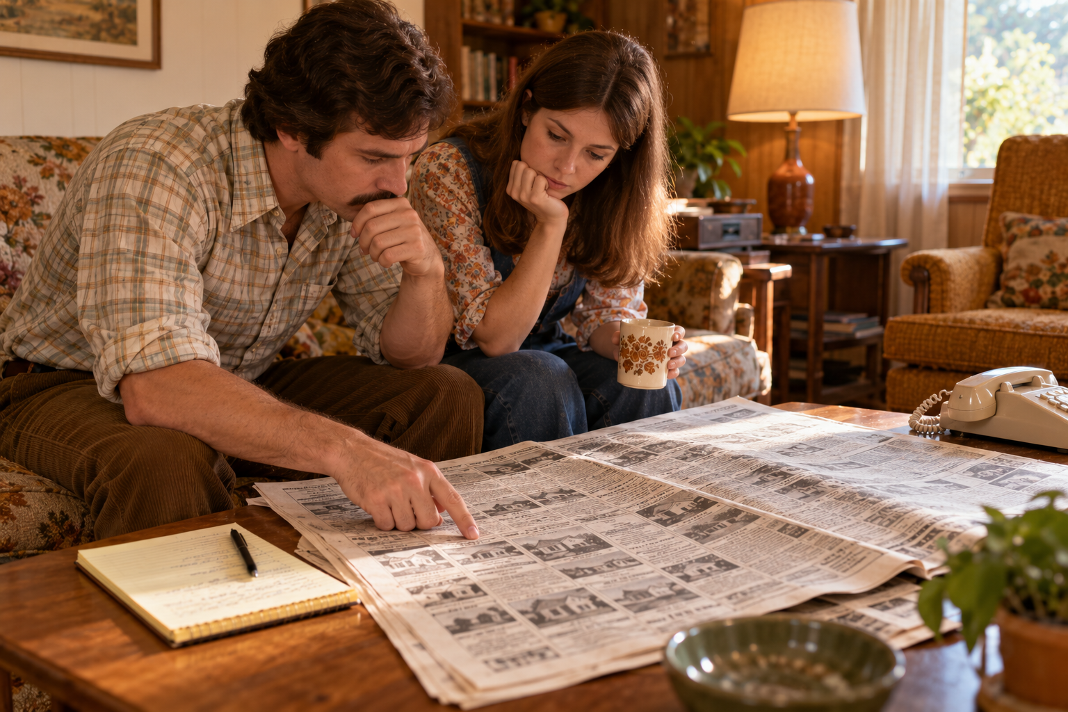A man and woman sit on a sofa looking at real estate listings in a newspaper spread across a coffee table.