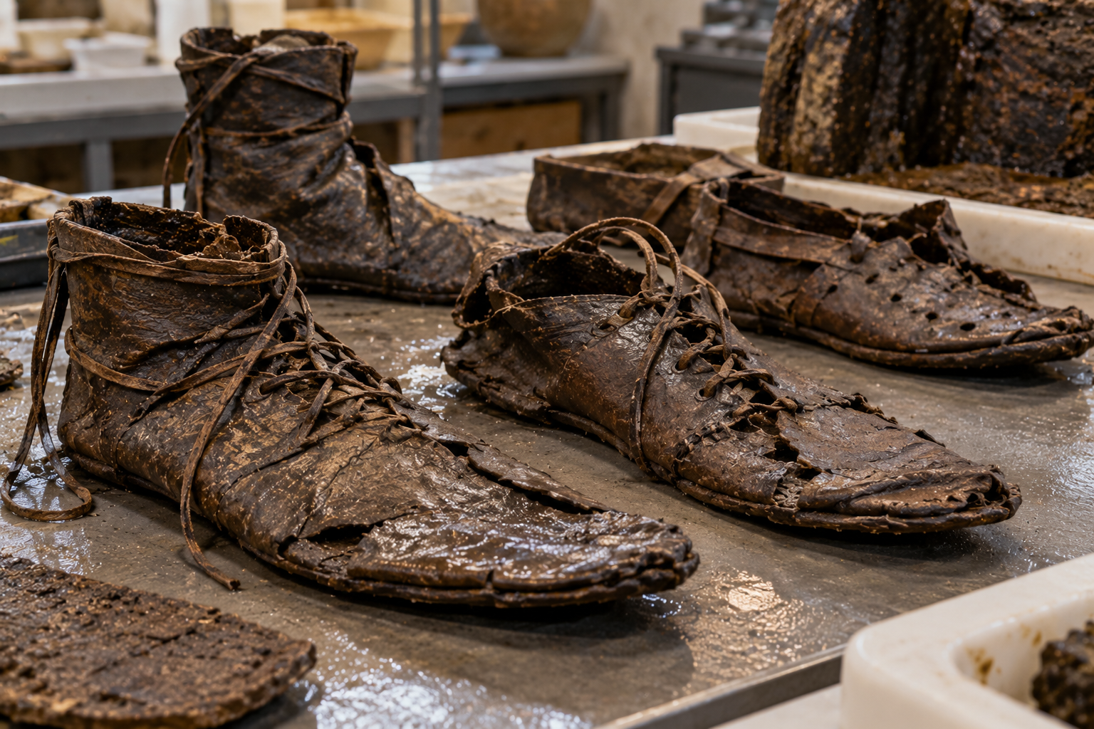 Several ancient, weathered leather shoes with lacing on a laboratory table.