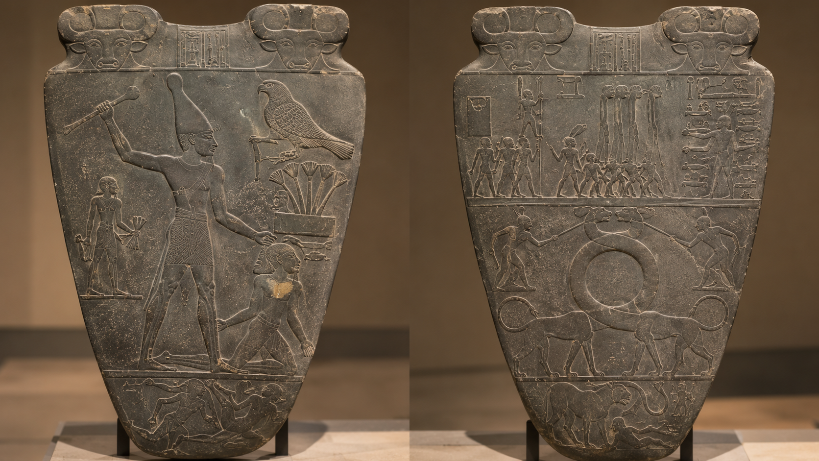 The front and back of the Narmer Palette, a shield-shaped dark stone tablet carved with ancient Egyptian scenes of a king, a falcon, intertwined mythical creatures, and hieroglyphics.