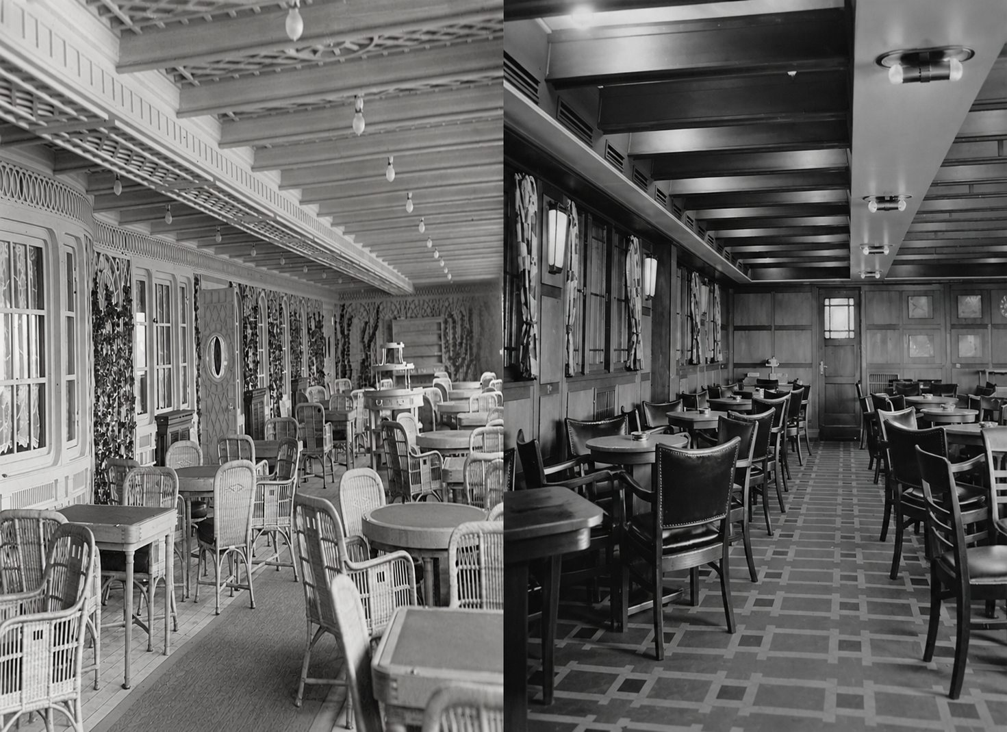 Side-by-side comparison of two ship dining areas: a bright room with wicker furniture on the left and a darker room with wood-paneled walls and dark upholstered chairs on the right.